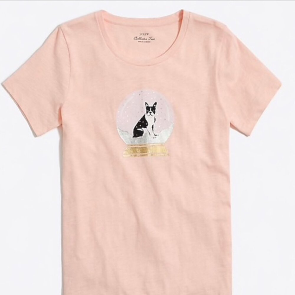 🐶 J Crew 🐶 Collection Tee French Bulldog Snow Globe Collector Tee in Pink, S